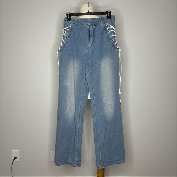 Blush- Blue Jeans with Lace up Sides - Picture 1 of 2